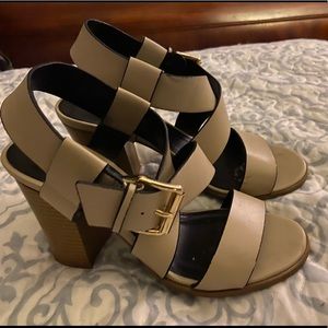 Tan-Gray Strappy Heels (Chunky)